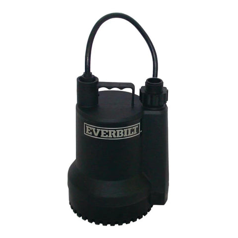 Everbilt SUP54-HD 1/6 HP plastic utility pump, black submersible with curved discharge outlet and handle