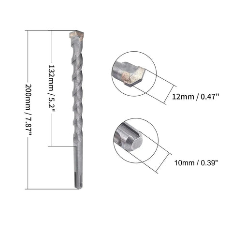 Heavy Duty 12mm Masonry Drill Bit for SDS Rotary Hammer Drills, 200mm Long, Carbide Tipped With 2 Flutes, 10mm Shank, Socanby