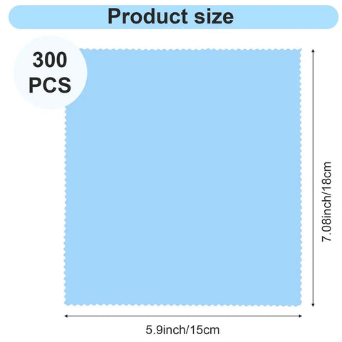 Product size chart showing a blue microfiber cloth measuring 6 x 7 inches for 300 Microfiber Cloths 6x7 Inch For Glasses Cameras Phones Screens Assorted Colors