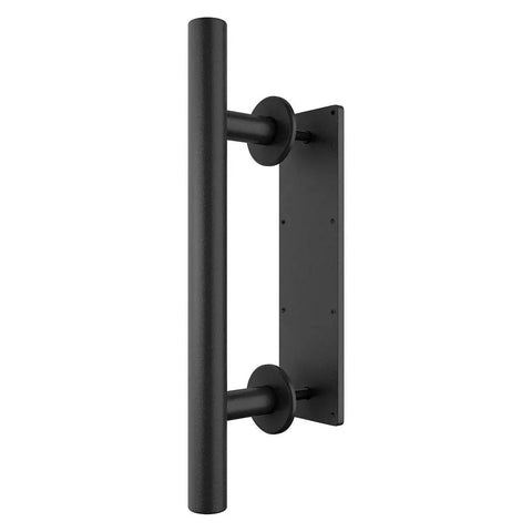 Side view of Two Piece Twelve Inch Pull And Flush Barn Door Handle Set In Black For Gates Garages Sheds And Furniture Rustic Two Sided Design