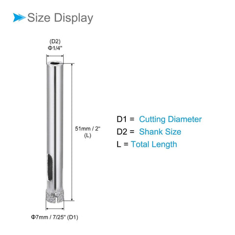 Diagram of 7mm Diamond Drill Bits Set For Glass Ceramic Tile And Jewelry Crafting Nickel Plated Diamond Core Drill Hole Saws 10 Piece Precision Drill Bits For Home DIY Projects And Professional Glass Cutting with dimensions.