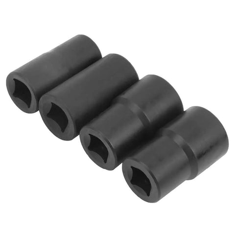 Heavy Duty Nut Extractor Socket Set For Screw And Fastener Removal, showing four black sleeve-style sockets made of chrome molybdenum steel.