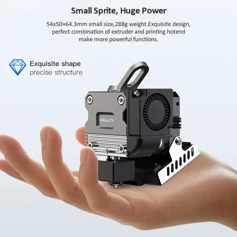 Sprite Extruder Pro Kit All Metal Direct Drive with 80N Stepper Motor shown in hand for size reference, emphasizes compact design.