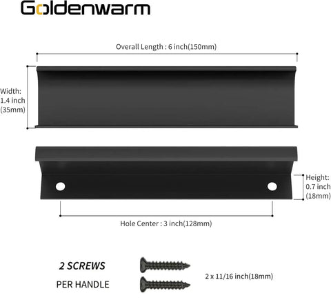 Diagram showing dimensions of 10 Pack Finger Edge Pulls For Black Cabinet Handles And Drawer Pulls With 5 Inch Hole Centers, includes screws.