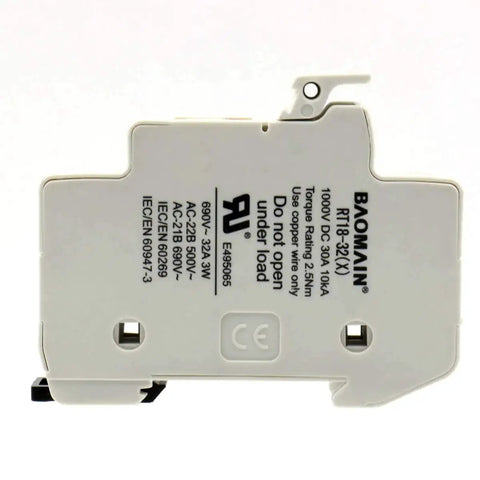 3 Pole Cylindrical Fuse Holder With LED Indicator For 10 X 38 mm Fuses, 32 Amp 690 VAC, 35mm DIN Rail Mount, back view