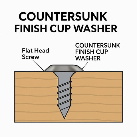 Countersunk finish cup washer with flat-head screw on wood surface.