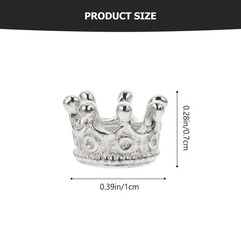 50 Piece King Crown Charms 3D mini alloy bead shown in close-up, vintage style, 0.39x0.28 inches, lead-free silver tone for DIY jewelry.