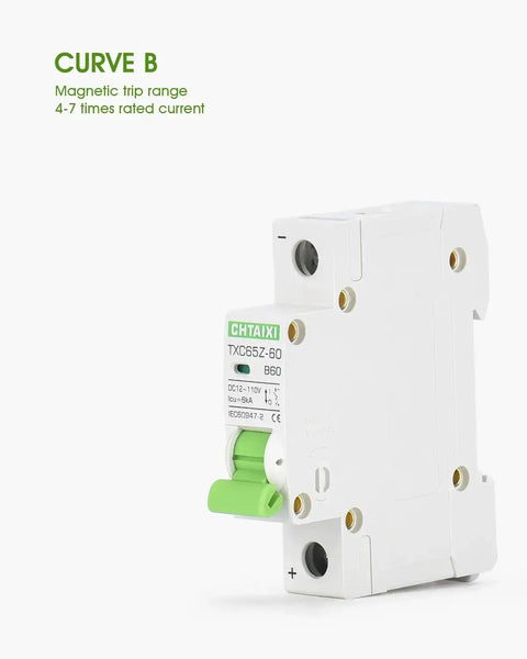 Side view of the 12V To 110V DC Miniature Circuit Breaker 60 Amp One Pole Battery Protector for Solar Panel Systems and RVs B60.