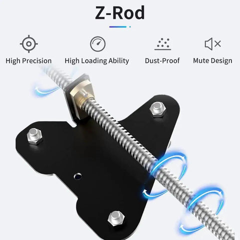 Ender 3 Dual Z Axis Upgrade Kit with lead screw shown on black metal base for 3D printer stability and precision improvements.