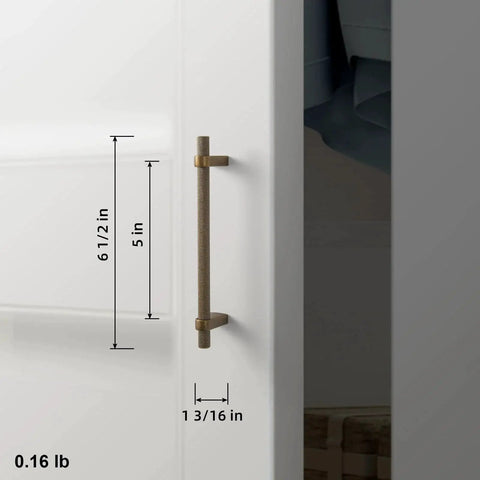 Side view of Six Pack 5 Inch Center To Center Knurled Antique Brass Cabinet Bar Handles With Blocky Triangular Mounts on a cabinet door