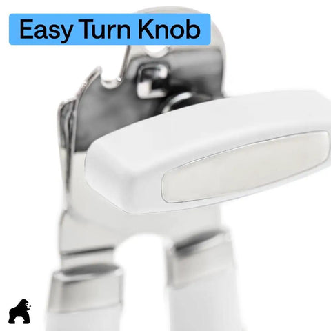 Close-up of Heavy Duty Stainless Steel Can Opener With Smooth Edge And Bottle Openers Soft Comfortable Handle Oversized Turn Knob