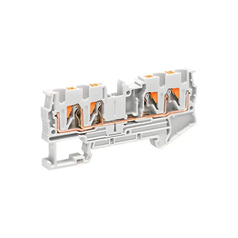Side view of 10 Pack DIN Rail Terminal Block PT4 Quattro 4 Conductor Push In Spring Clamp 32A 800V PA66 V0 Industrial Electrical Connectors Gray