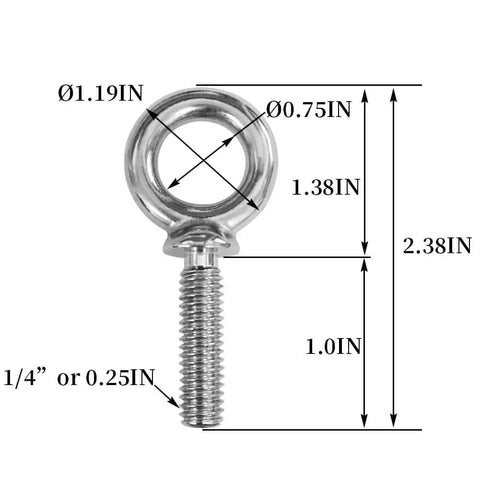 Front view of Workhorse Heavy Duty Lifting Shoulder Eye Bolts One Quarter Inch By Twenty UNC Marine Grade 304 Stainless Steel Threaded.