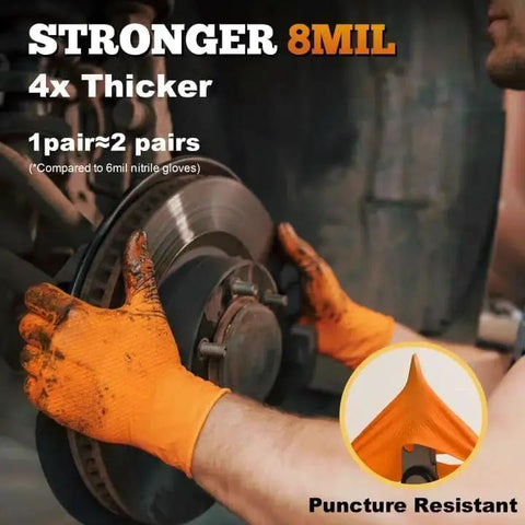 Mechanic wearing Orange Nitrile Gloves 8 Mil Heavy Duty Powder Free Diamond Texture Grip 1000 Ct while working on car brakes