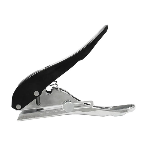 Side view of Heavy Duty Three Eighths Inch Hole Punch For IDs And PVC Cards, chrome-plated zinc alloy with adjustable stopper.