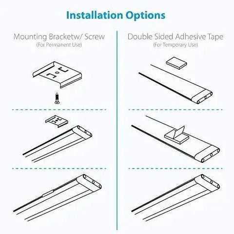 Installation options for 12 Inch Warm White LED Under Cabinet Lighting Kit With 3 Panels, using brackets or adhesive tape.