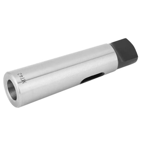 MT4 Morse taper adapter sleeve; silver metal cylinder with black cap for lathe/milling.