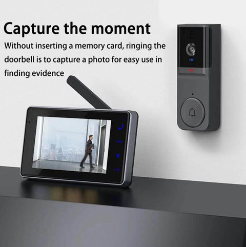 Wireless Video Doorbell Camera With No Subscriptions And Bluetooth Pairing, Real Time Two Way Intercom, 1080P Video, 120 Degree Field Of View, No App Or Wi Fi Needed, Easy Mount With Adhesive Or Screws, Includes 4.3 Inch Monitor displayed on surface