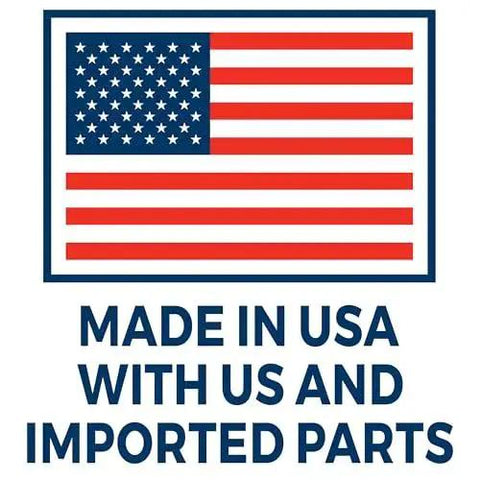 USA flag with text 'Made in USA with US and Imported Parts'.