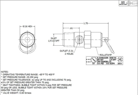 Brass 1/4 inch NPT economy soft-seat safety pressure relief valve, technical drawing with inlet and outlet ports