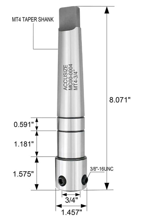 MT4 To Three Quarters Inch Weldon Shank Arbor For Annular Cutters With Key For Drill Press And Milling Machines From Accusize Industrial Tools Ideal For Precision Machining And Pro Grade Durable Performance metal arbor with dimensions shown