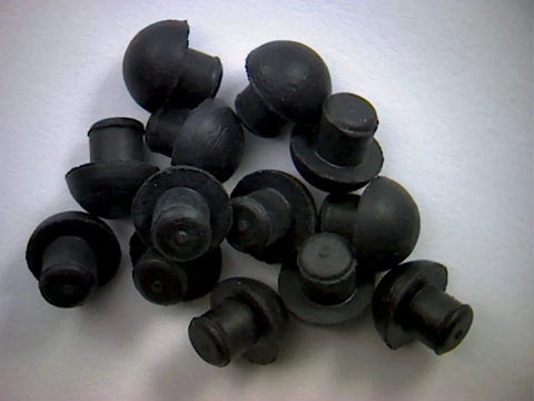 Small Rubber Push In Mushroom Bumpers Set Of Eight For Three Sixteenth Inch Openings, black rubber material, scattered on surface.