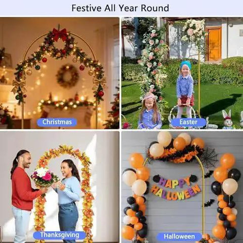 Festive all-year balloon arch display for Six Foot Arch Backdrop Stand; metal frame adorned for Christmas, Easter, Thanksgiving, Halloween