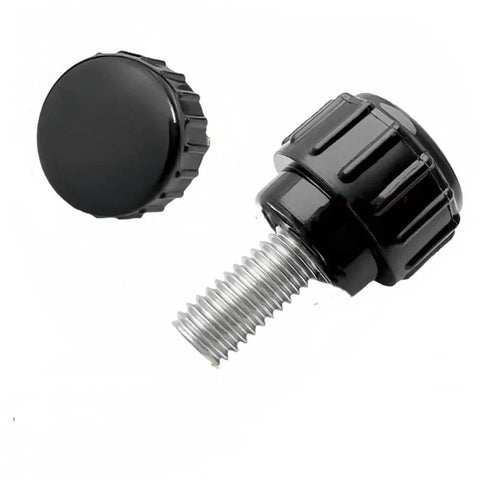 Close-up of a black carbon steel knurled thumb screw from the 20 Pack M4 By 10mm Knurled Thumbscrews For VESA Mounts And Monitors kit.