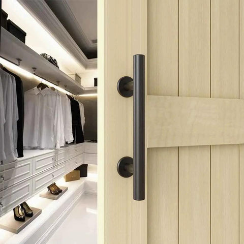 12 Inch Sliding Barn Door Handles And Pulls Double Sided Hardware Set installed on wooden door, black aluminum