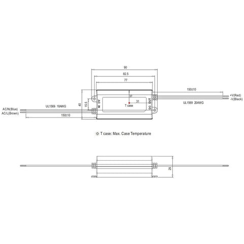 Technical diagram of the APV-16-24 16W 24V Constant Voltage LED Power Supply for DIY Projects, showcasing dimensions and wiring.