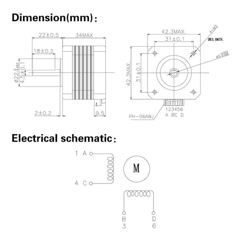 Technical diagram of Pack Of 4 NEMA17 Stepper Motors High Torque Bipolar DC Step Motor Kit for precise movement in projects.