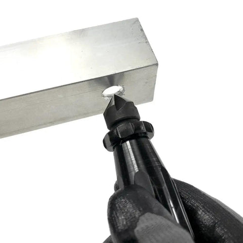 Compact Three Quarters Inch Hand Reamer And Countersink For Deburring And Enlarging Holes In Wood Brass Plastic With Short Length And Five Flute Tool Steel Cutter For Fast Clean Edges General Tools in action on metal block