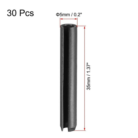 Front view of 5mm by 35mm slotted spring pin from 30 piece assortment for small machine projects, plain finish 65Mn steel.