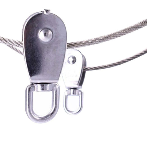 Close-up of 4Pcs M25 Stainless Steel Wire Rope Crane Double Pulley Block Lifting Crane Swivel Hook attached to cable