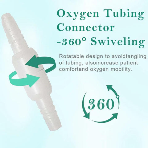Oxygen tubing swivel connector, white plastic, 360-degree rotation with arrows illustrating swiveling