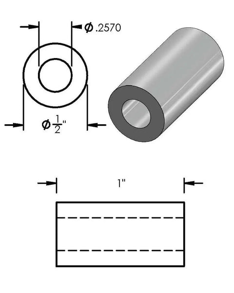Aluminum Spacer Half OD Quarter Inch ID Standoff Fits Quarter Inch Or M6 Bolts with dimensions and side view.