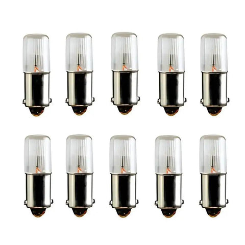 Ten Pack Neon Indicator Light Bulbs 0.25W NE51H B2A T3.25 BA9s Amber 105-125V for panels and industrial equipment.