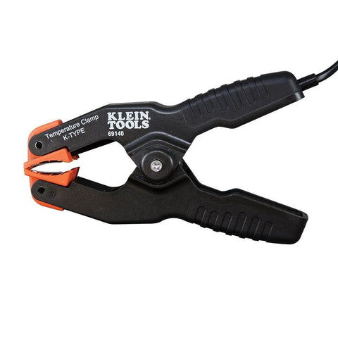 Klein Tools 69140 K-Type pipe temperature clamp thermometer for HVAC, black handle with orange jaws
