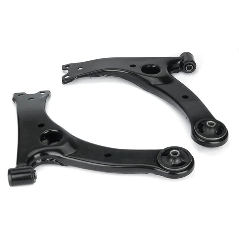 Two black steel front lower control arms with ball joints for Toyota Corolla 2003-2008 and Celica 2000-2005