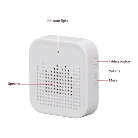 White wireless doorbell chime with indicator light, speaker, and buttons labeled pairing, volume, and music.