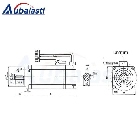 Aubalasti 400W AC servo motor kit 60ST-M01330 side view line drawing with mounting flange and cables.