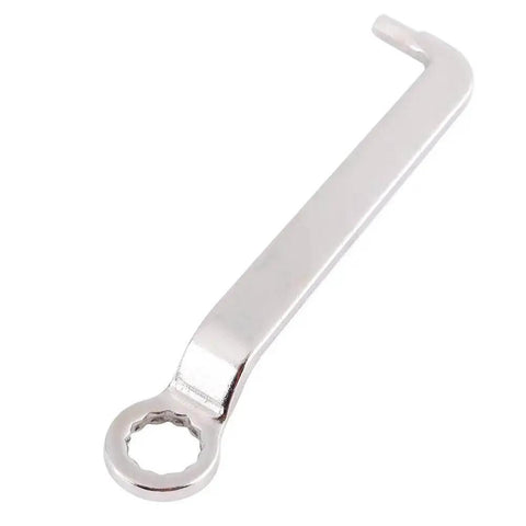 Close-up of a metal wrench tool included in the Dual Head Electric Sheet Metal Cutter Nibbler Kit For Steel Copper Aluminum and Stainless Steel.