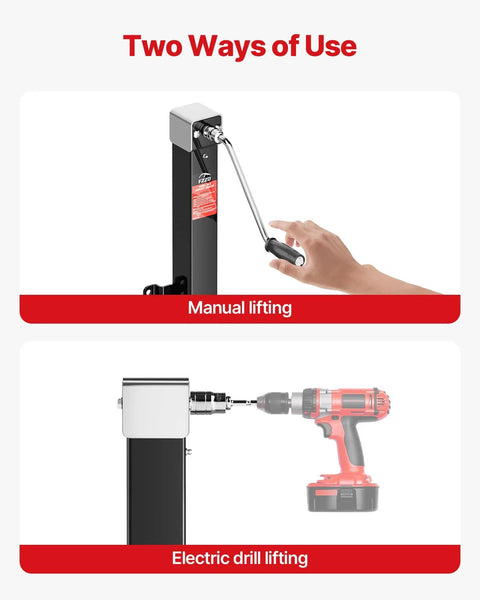 Trailer jack with black finish, 8000 lb capacity, shown in manual crank lifting and cordless drill lifting modes