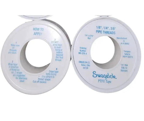 Front view of Ten Pack PTFE Pipe Thread Sealant Tape For Small NPT Fittings One Quarter Inch Wide Works On One Eighth To Three Eighths Inch Threads High Density Spec A A 58092 Up To Four Hundred Fifty Degrees Made In USA rolls.