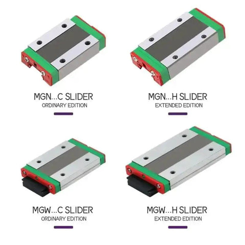 Close-up of Pro Grade Miniature Linear Rail Set showing MGN15H and MGW sliders, essential for precise motion in CNC projects.