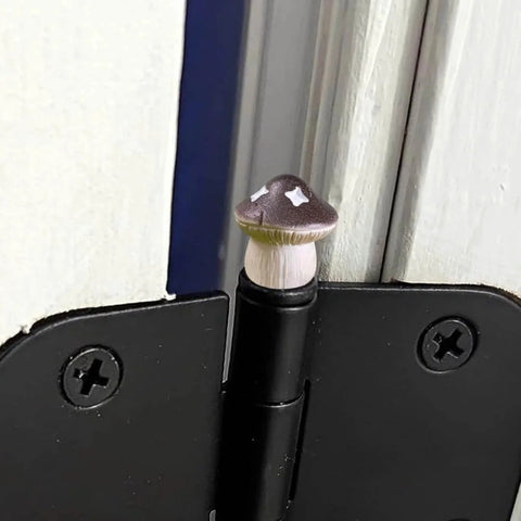 Decorative Hinge Head Topper Set Of 6 Magnetic Mushroom Hinge Heads for doors, close-up of mushroom topper on door hinge.