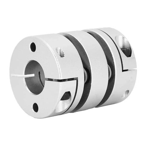 Front view of silver aluminum alloy shaft coupling, two-piece clamp-style sleeve with bore holes