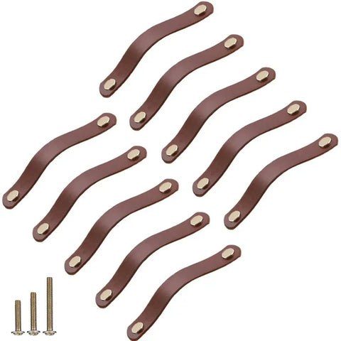 10 Pack Soft Genuine Leather Drawer Pulls Handles 5-1/2 Inch By 1 Inch With Screws for cabinets, shown in brown leather.