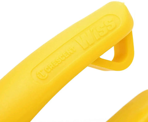 Close-up of 9-3/4 Inch MetalMaster Compound Action Snips For Straight Left And Right Cuts With Yellow Ergonomic Handles, Crescent Wiss brand detail.