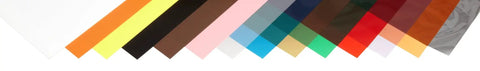 Pro Grade Assorted Plastic Shim Stock Pack for Precise Shims From 0.0005 To 0.030 Inches 10 Inch Wide By 20 Inch Long Includes 14 Color Coded Thicknesses Oil Resistant Non Magnetic - 14 assorted color sheets arranged.